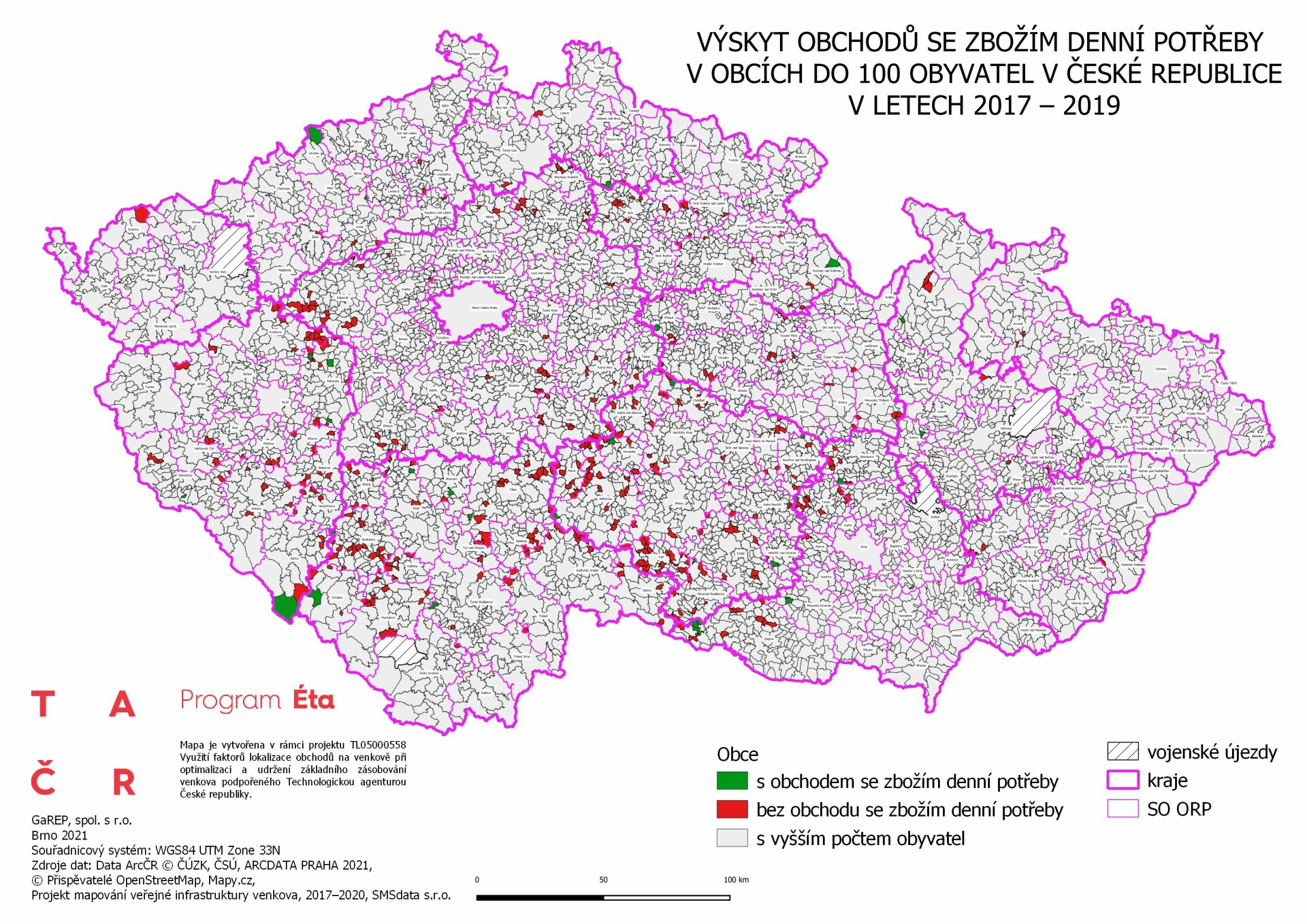 Výskyt obchodů v&nbsp;obcích do 100 obyvatel